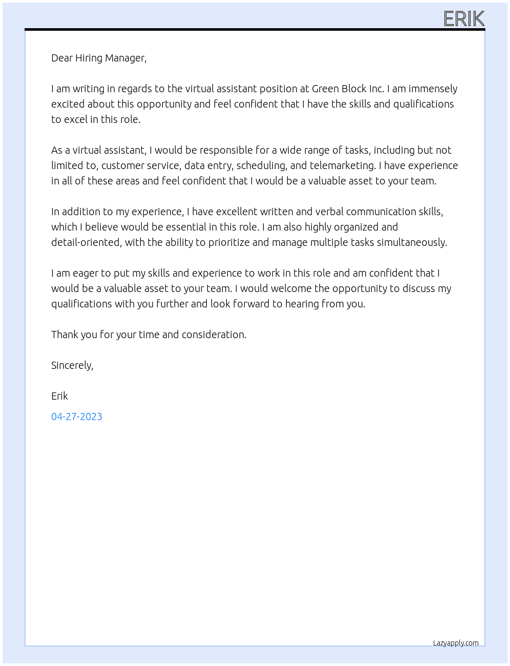 Virtual assistant At Green Block Inc. Cover Letter