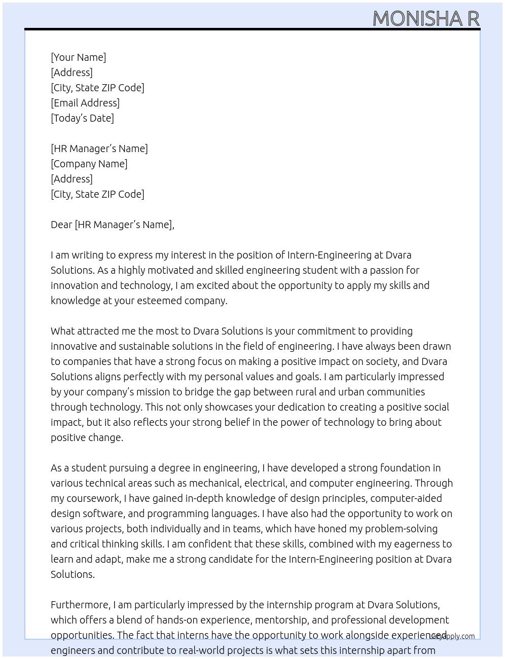 Interns-Engineering  At Dvara solutions  Cover Letter