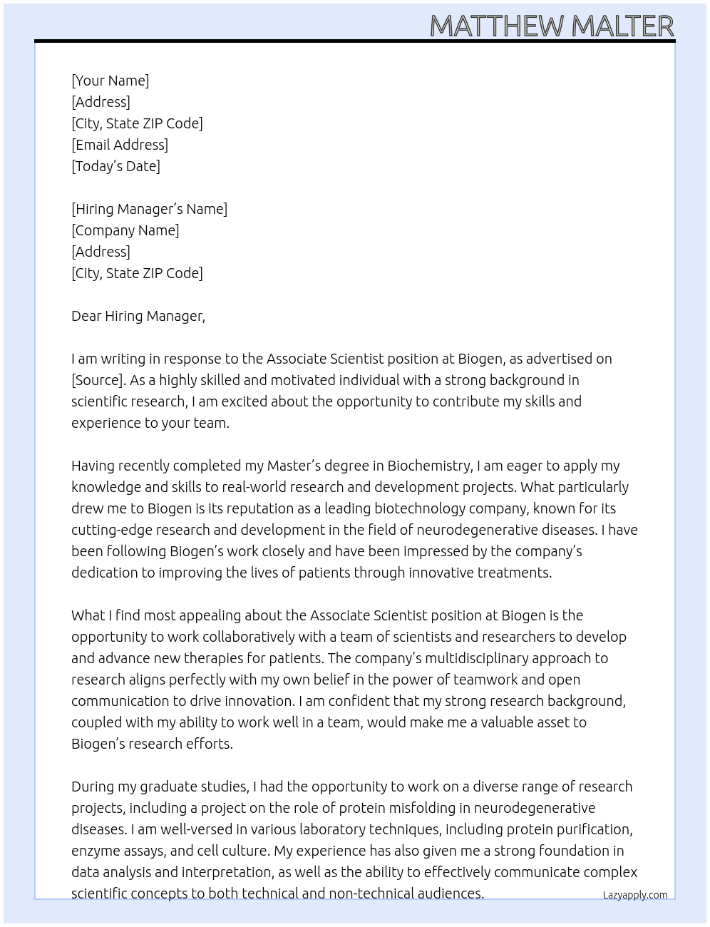 Associate Scientist At Biogen Cover Letter