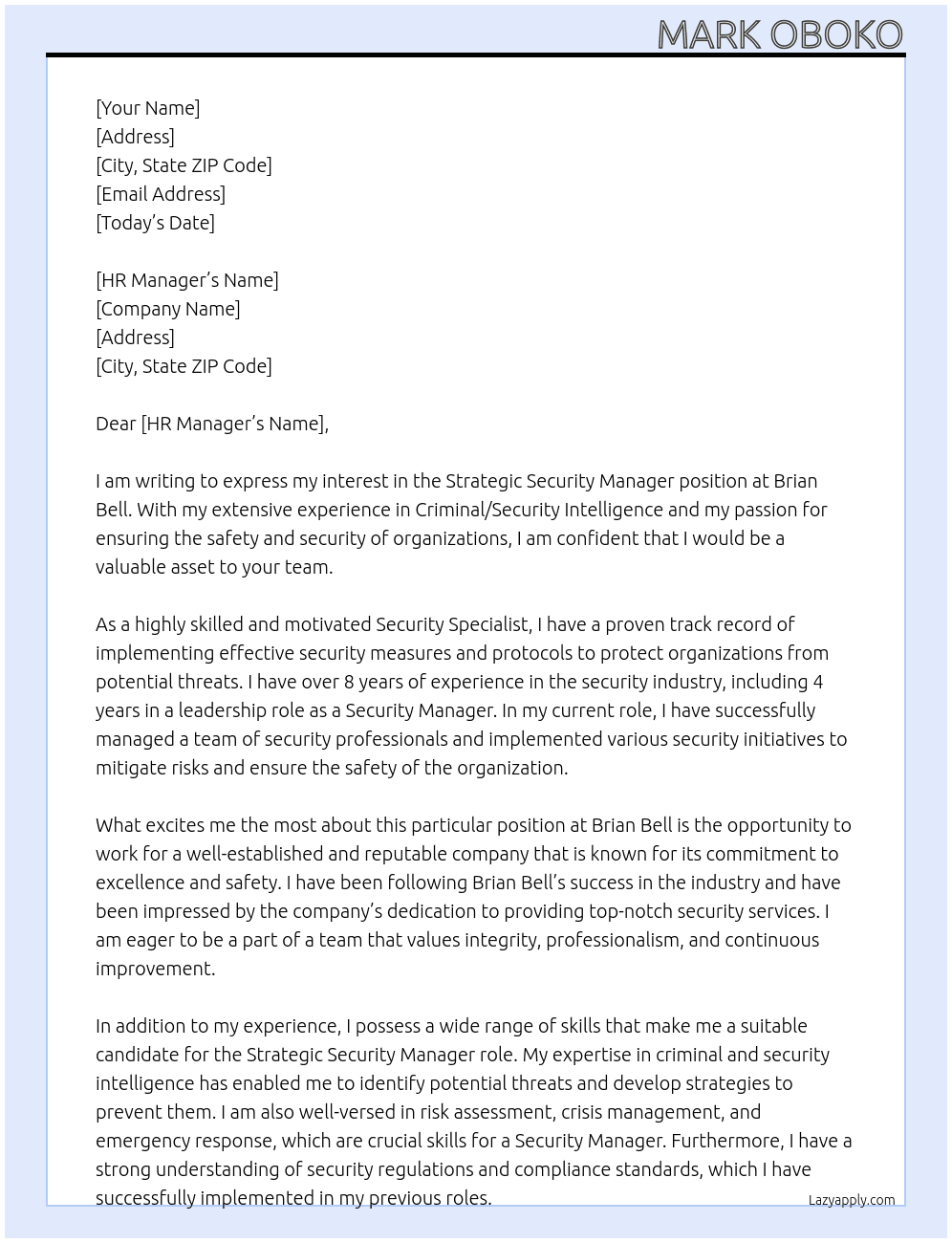 Stretagic Security Manager At Brian Bell Cover Letter
