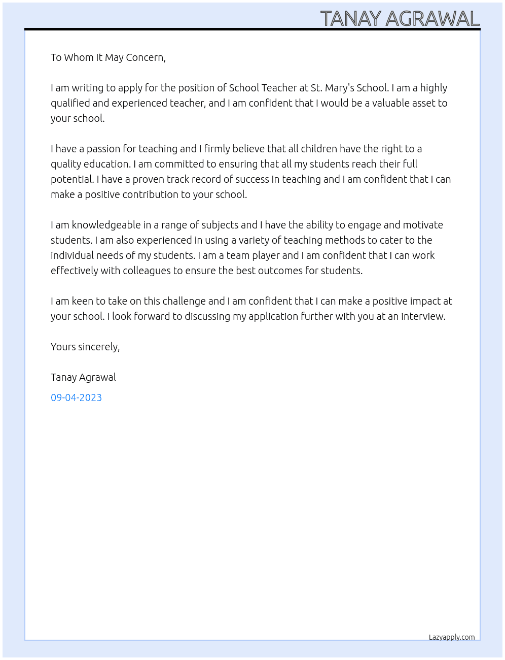 School Teacher At St.Mary's School Cover Letter