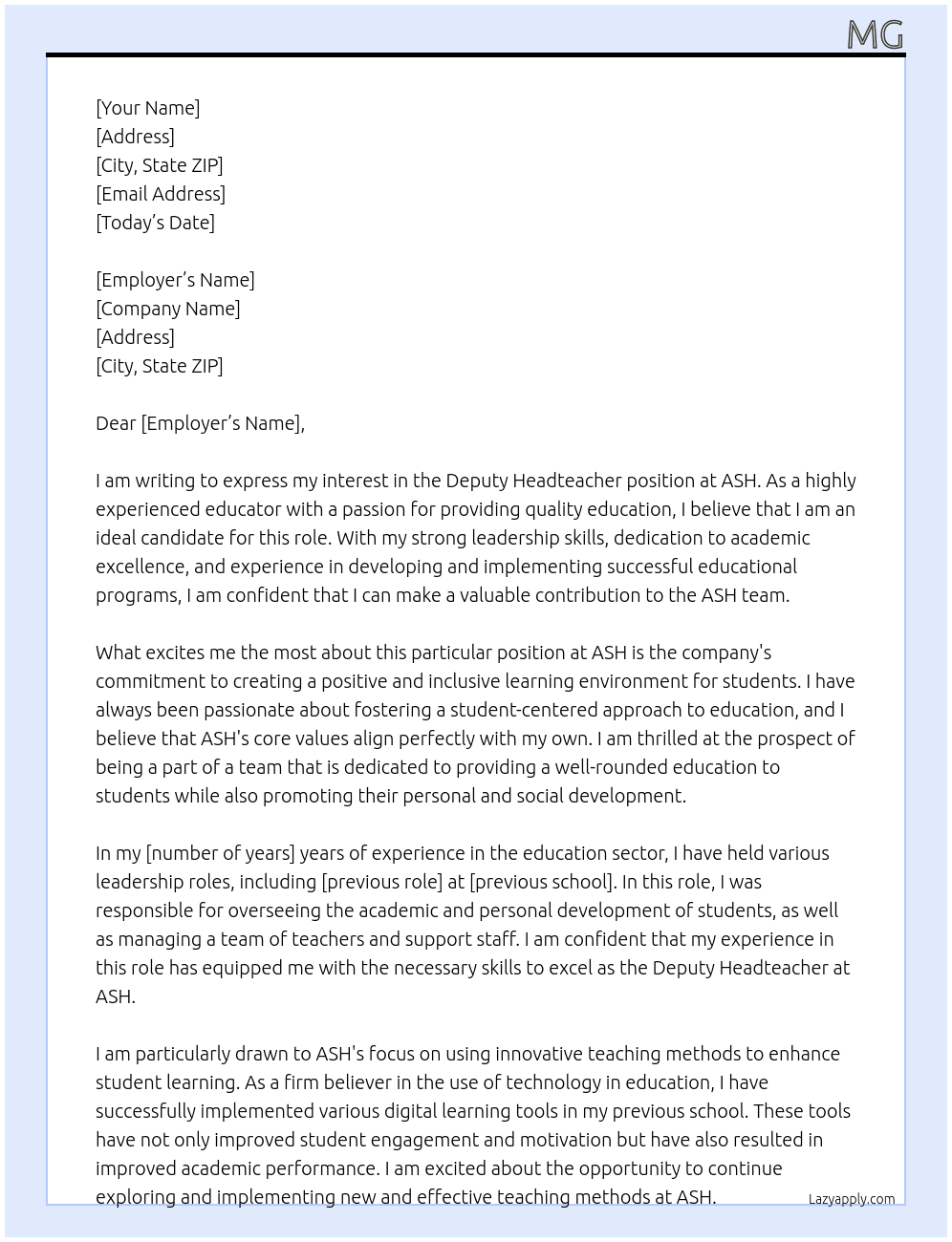 Deputy headteacher At ASH Cover Letter