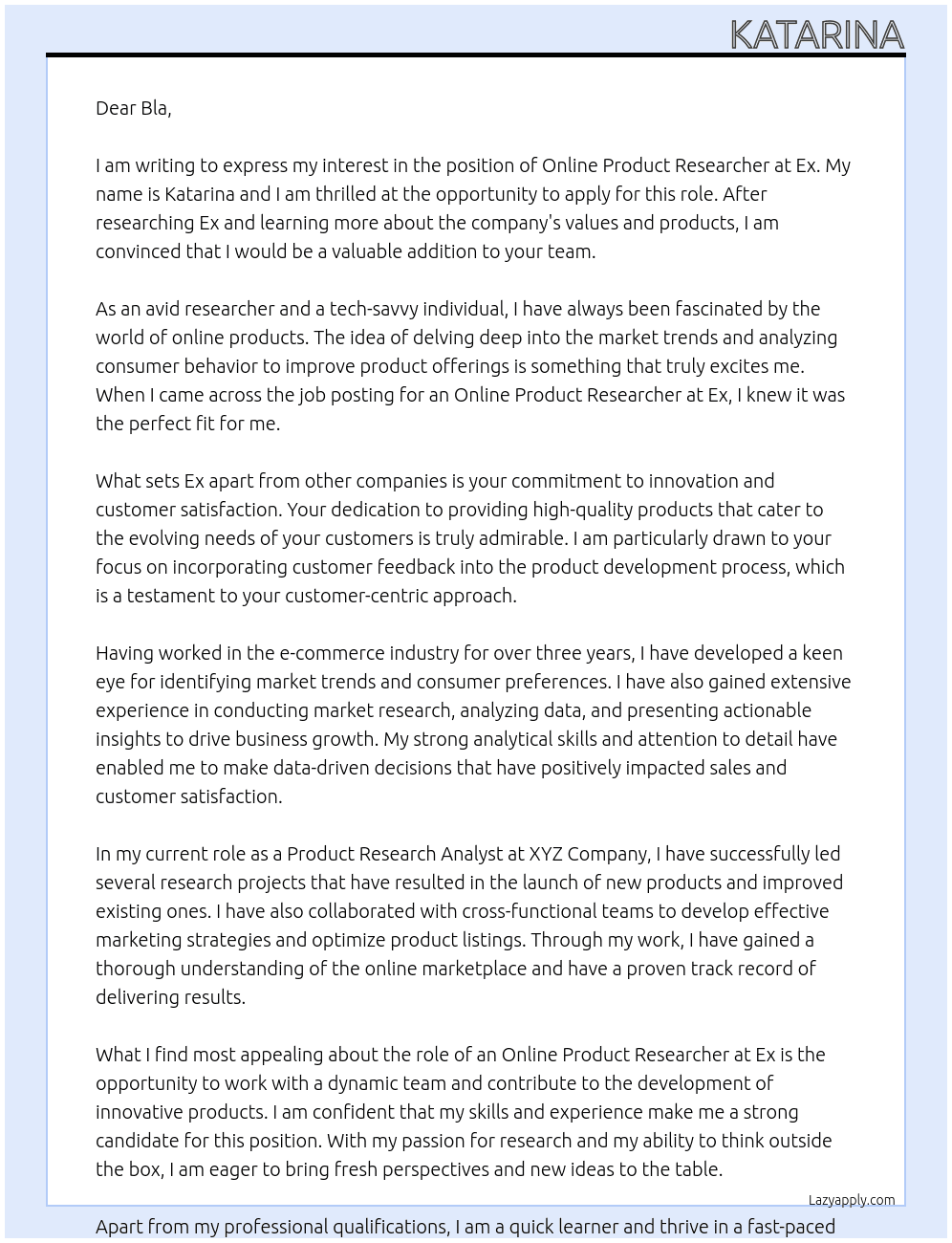 Cover letter for online product researcher - LazyApply