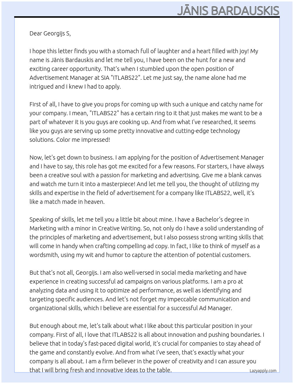 Advertisment Manager At SIA “ITLABS22” Cover Letter