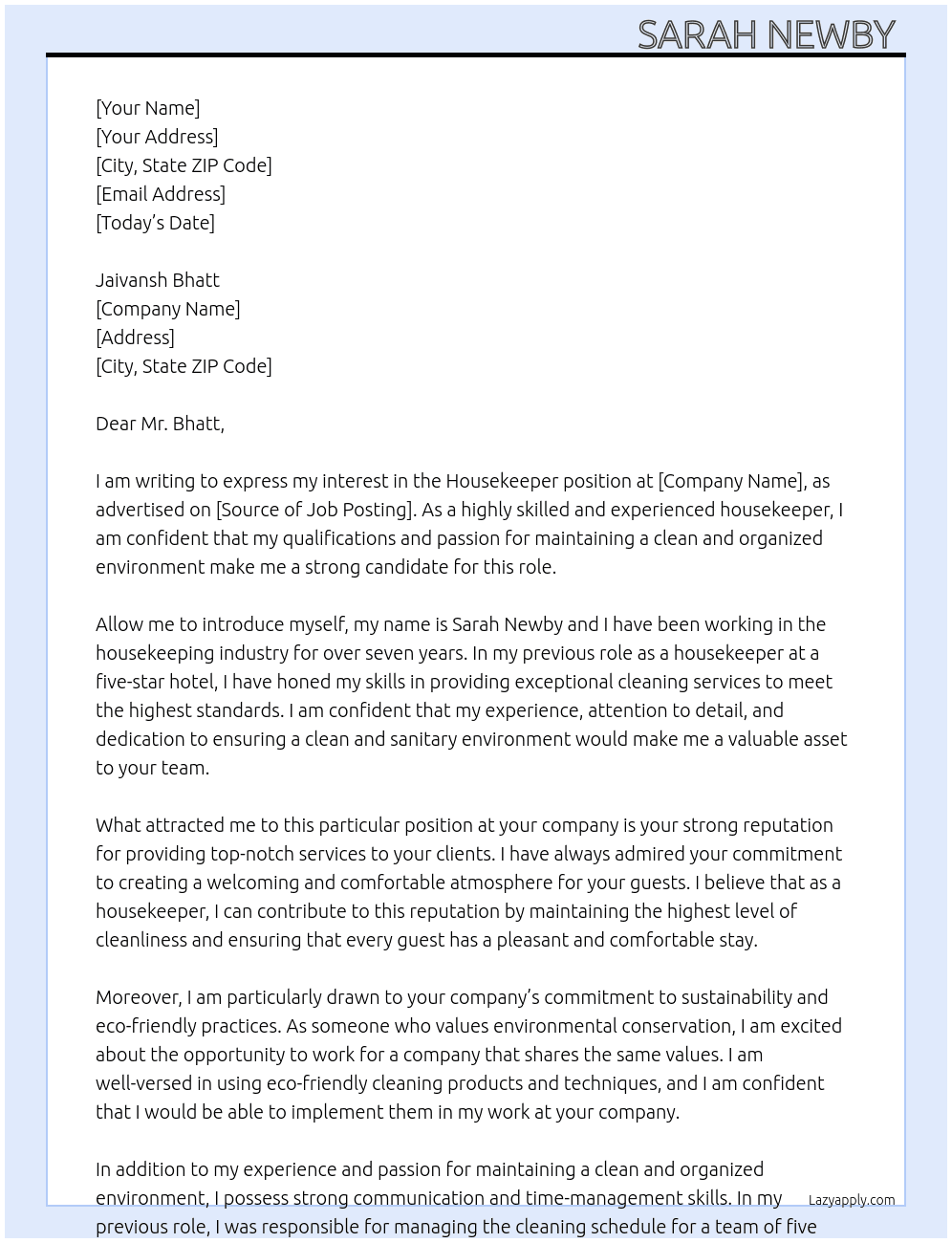 Housekeeper  At Jaivansh Bhatt  Cover Letter