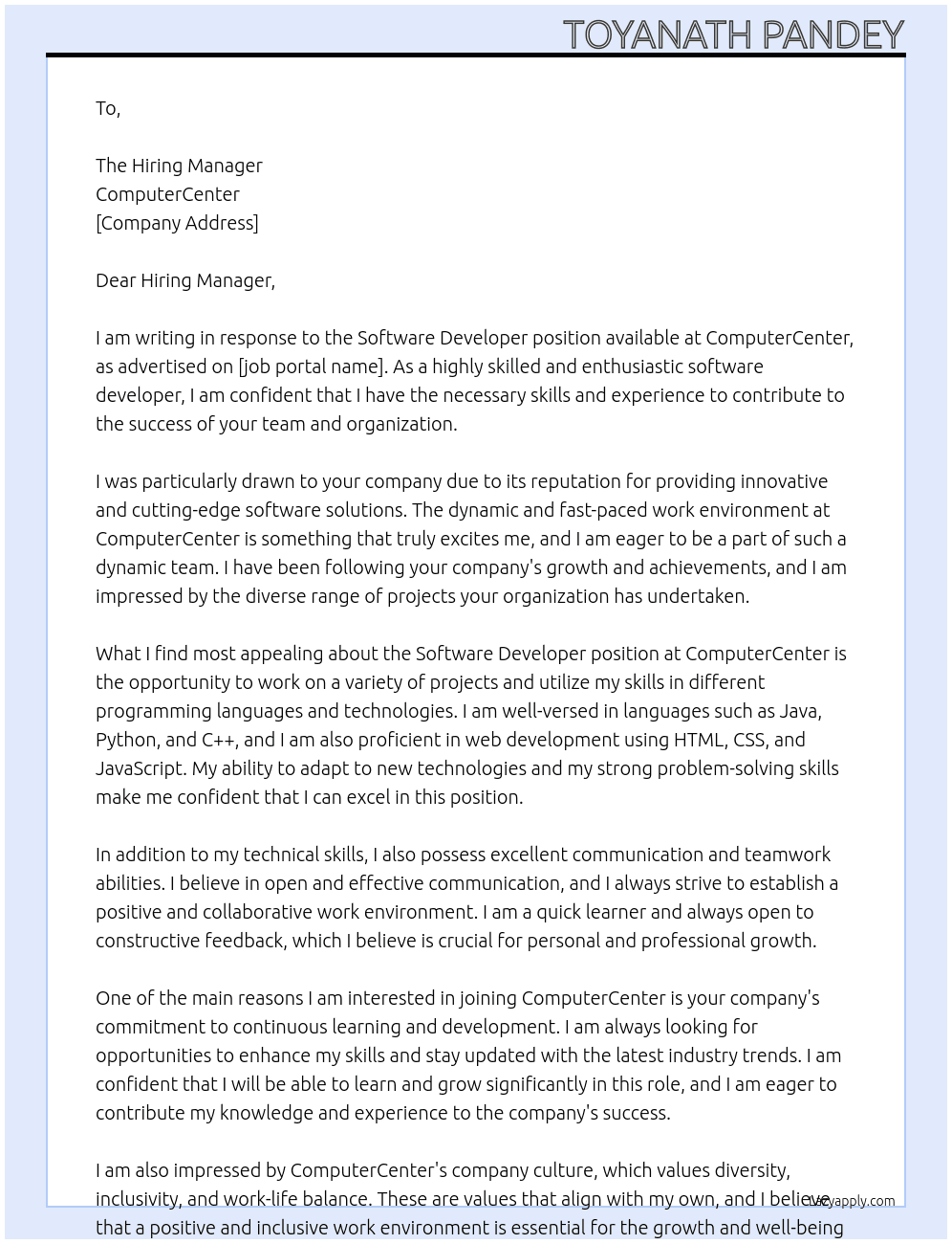 Software Developer At ComputerCenter Cover Letter