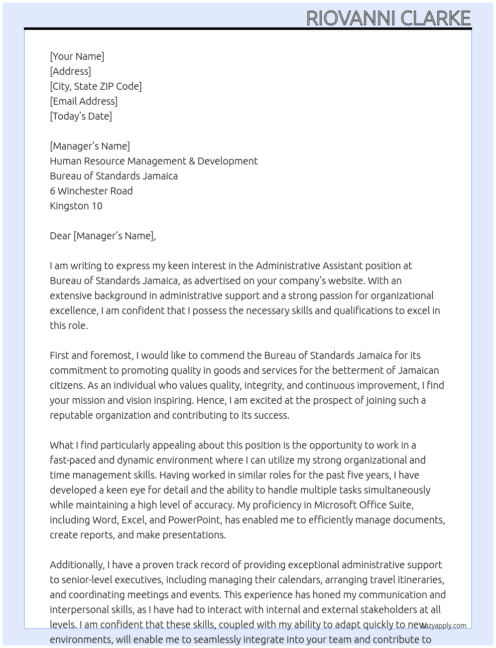 Administrative Assistant At Bureau of Standards Jamaica Cover Letter