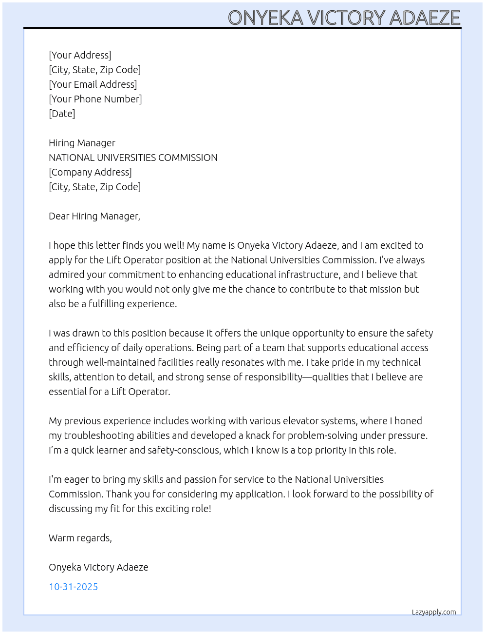 Lift Operator At NATIONAL UNIVERSITIES COMMISSION Cover Letter
