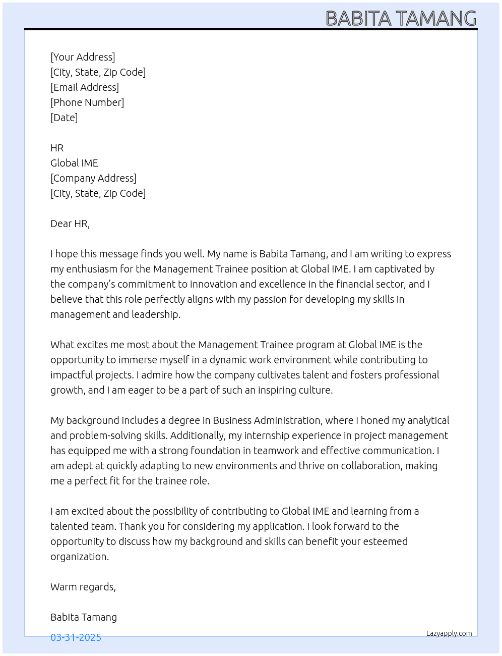 management tainee At Global IME Cover Letter