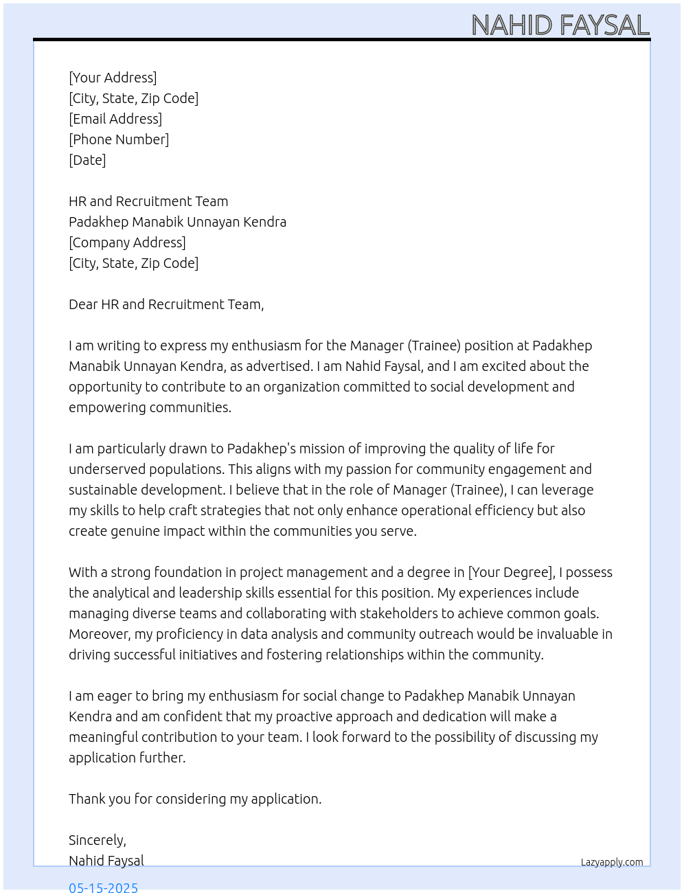 manager (trainee) At padakhep Manabik Unnayan Kendra Cover Letter
