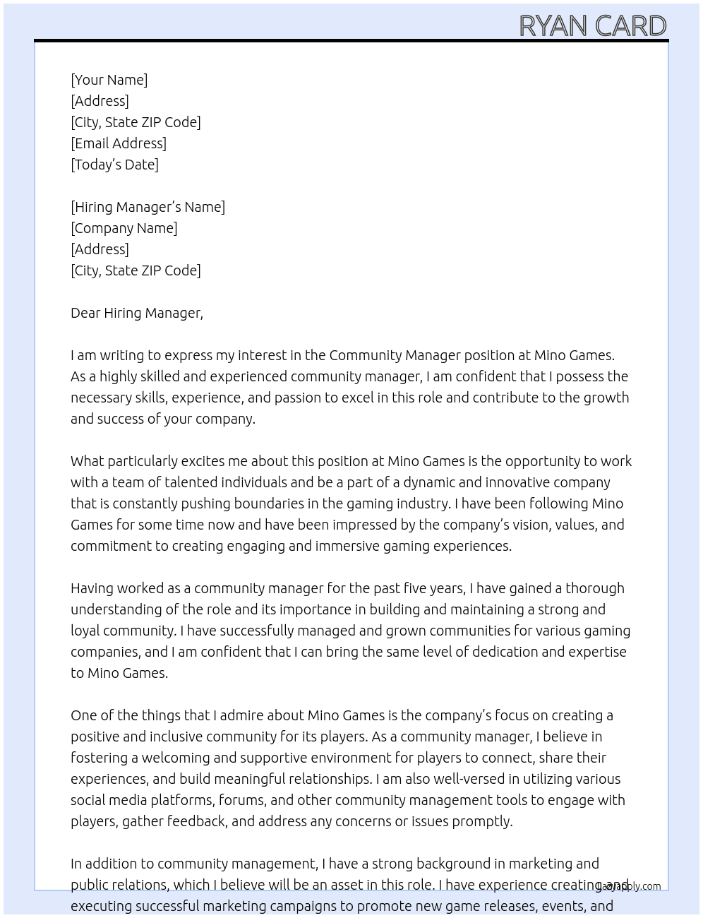 Community Manager At Mino Games Cover Letter