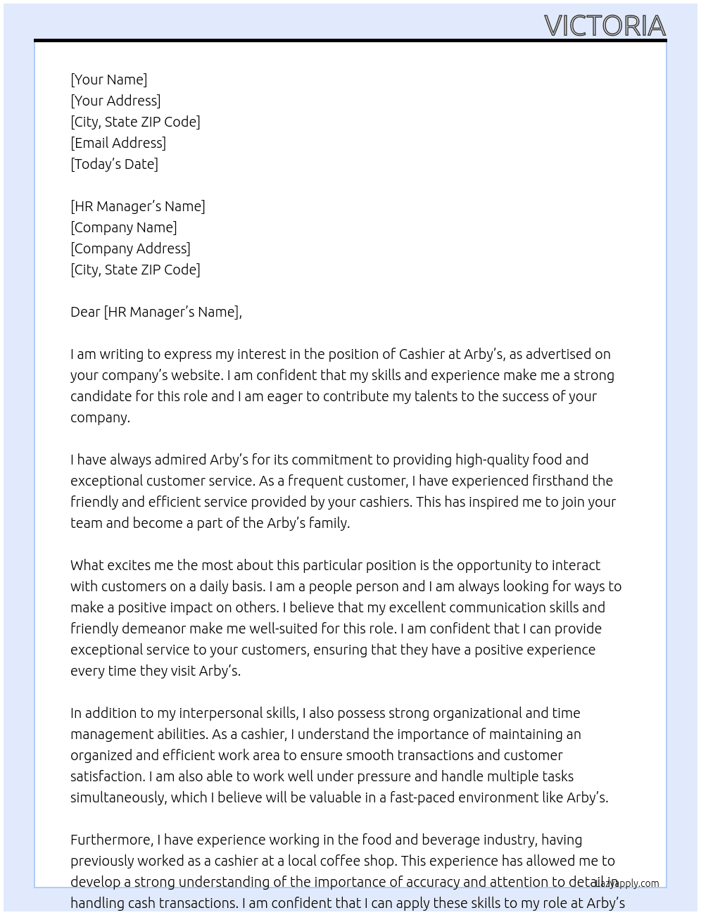 Cashier At Arby’s Cover Letter