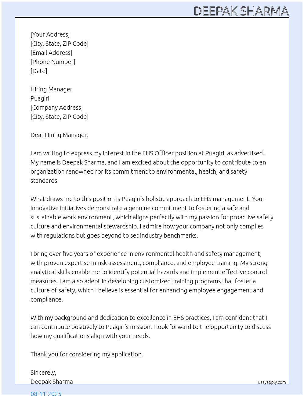 EHS officer  At puagiri Cover Letter