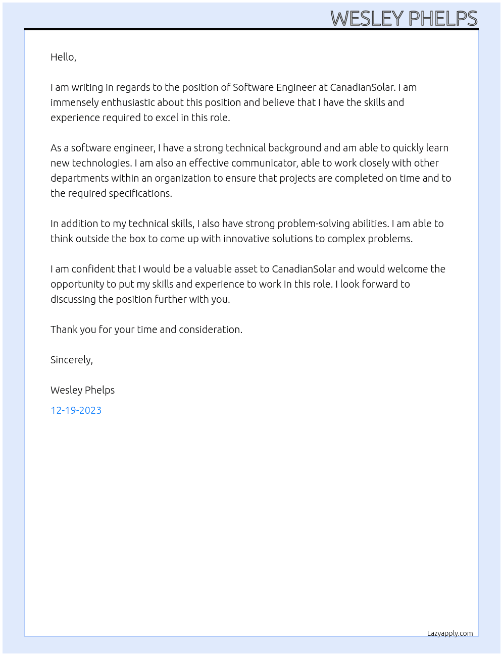 Software Engineer At CanadianSolar Cover Letter