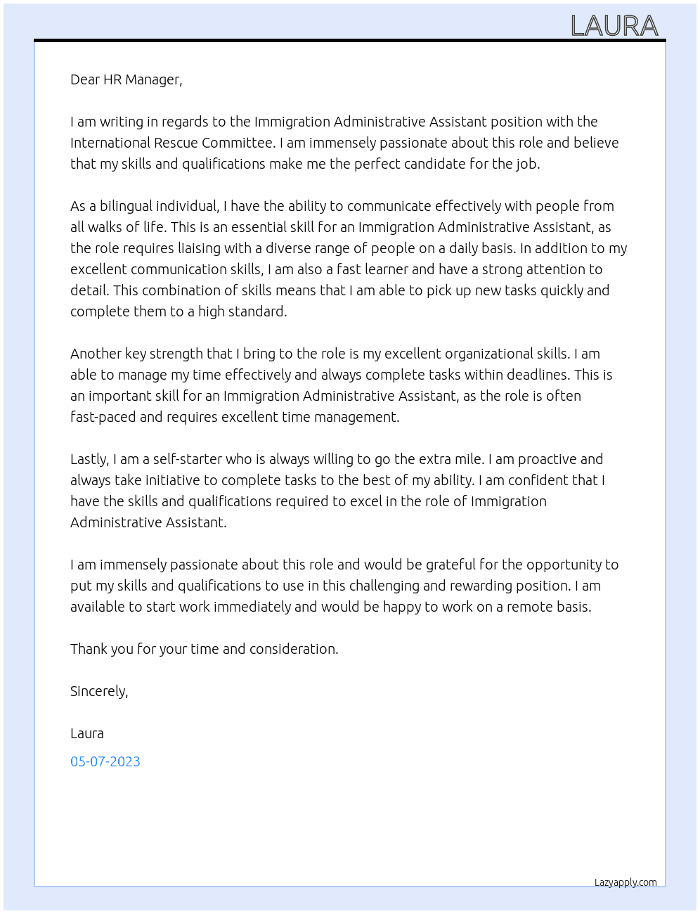 Immigration Administrative Assistant  At International Rescue Committe Cover Letter