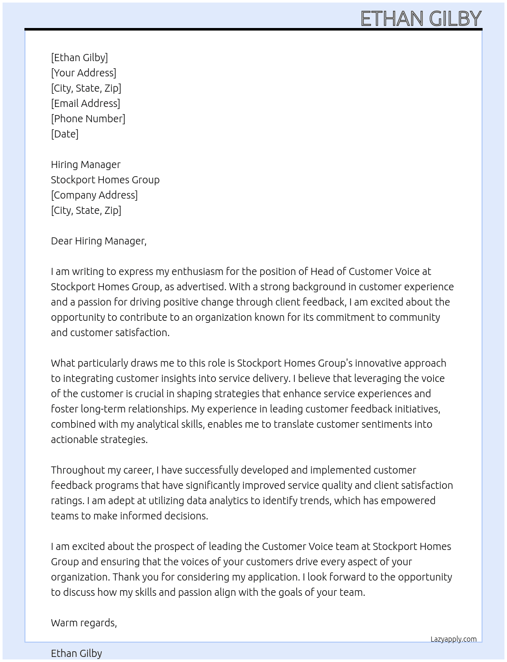 Head of customer Voice At Stockport homes group Cover Letter