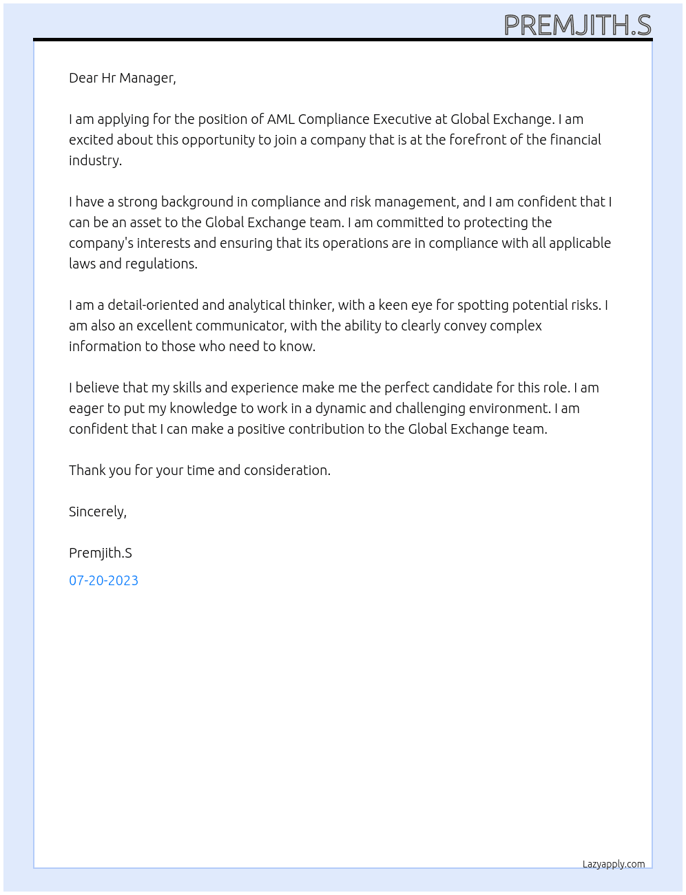 AML COMPLIANCE EXECUTIVE  At GLOBAL EXCHANGE  Cover Letter