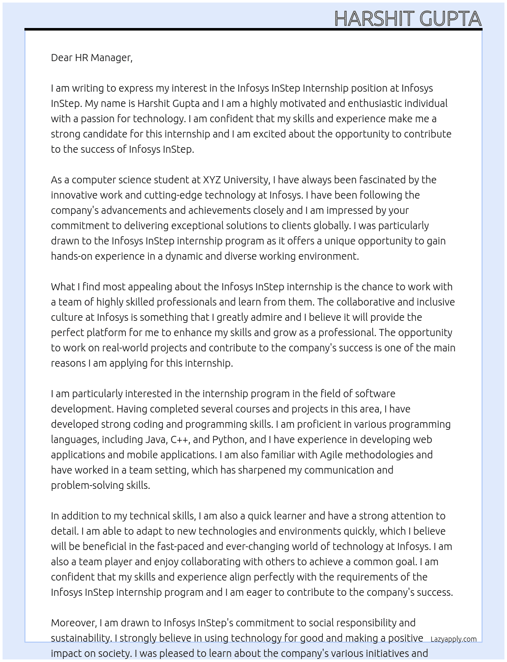 infosys instep internship At infosys instep Cover Letter