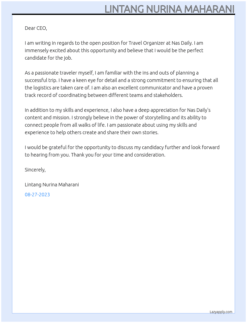 Travel Organizer At Nas Daily Cover Letter