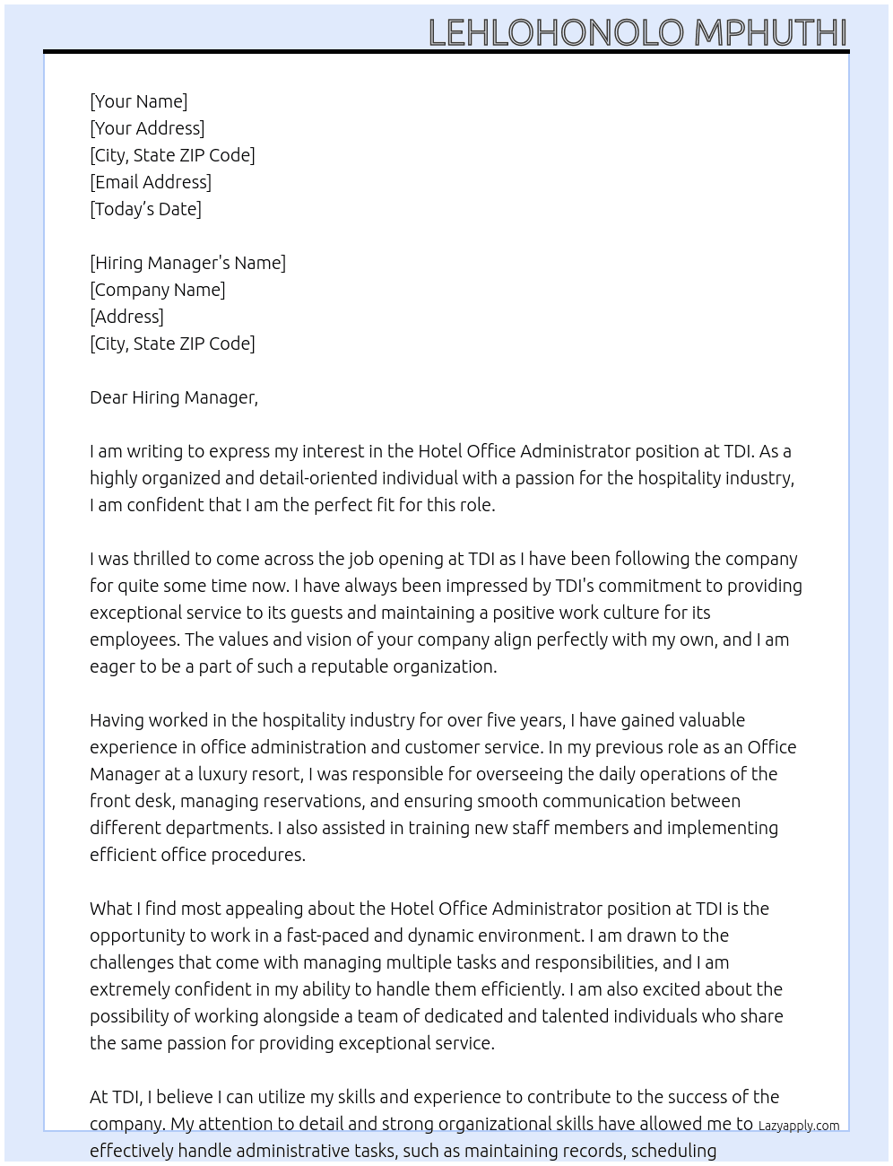 Hotel Office Administrator At TDI Cover Letter
