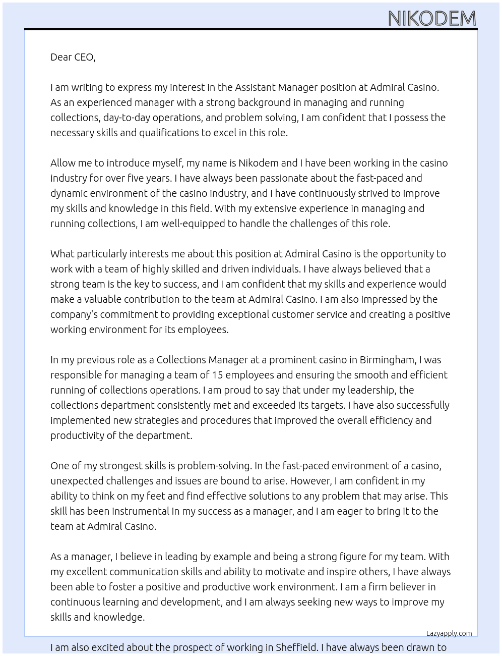Assistant manager  At Admiral casino Cover Letter