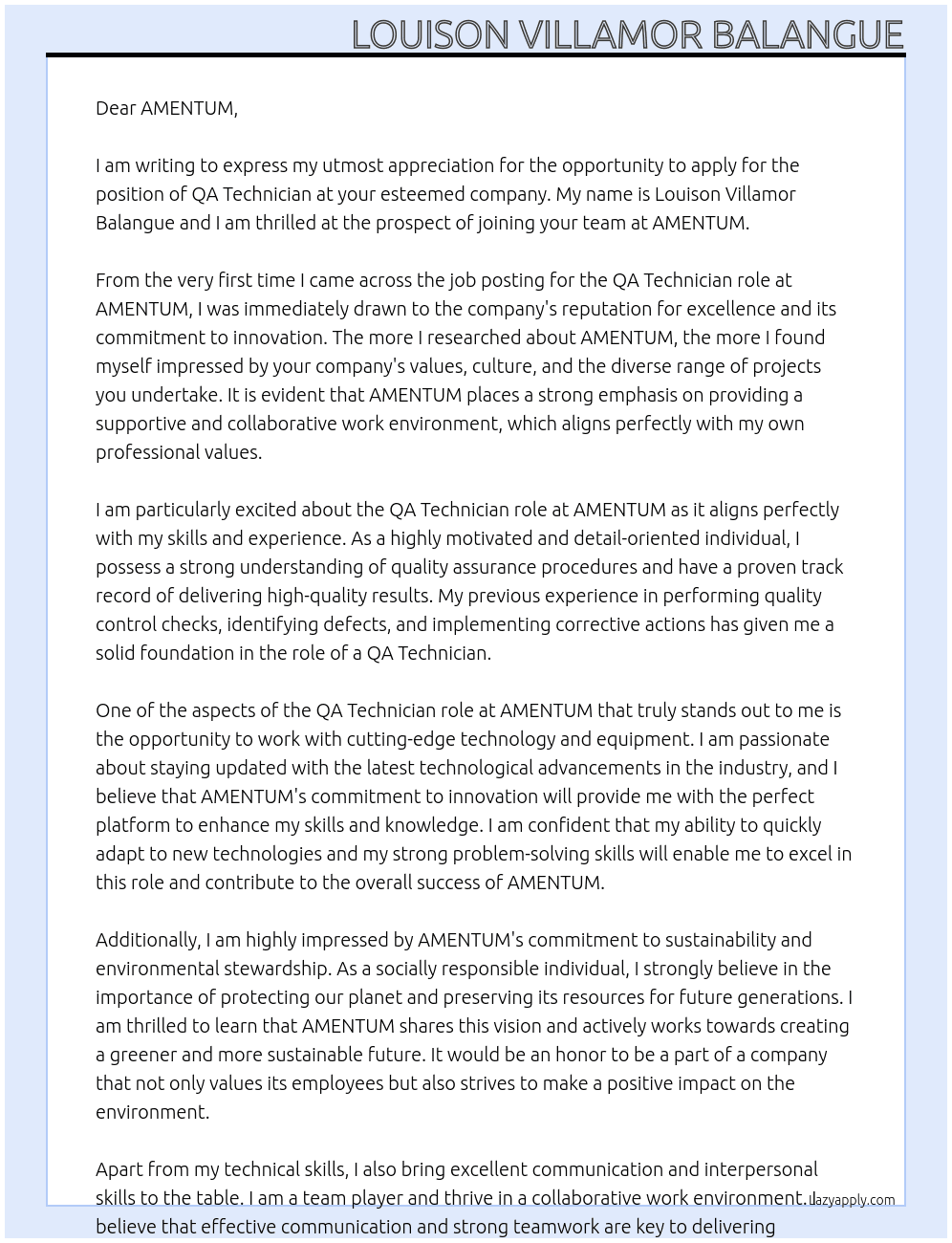 QA TECHNICIAN At AMENTUM Cover Letter