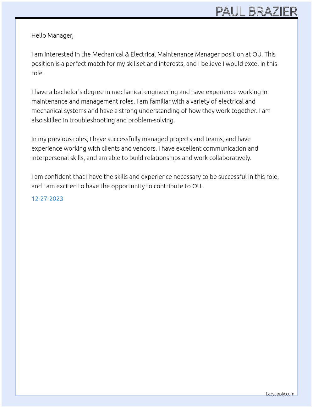 Mechanical & Electrical Maintenance Manager At OU Cover Letter