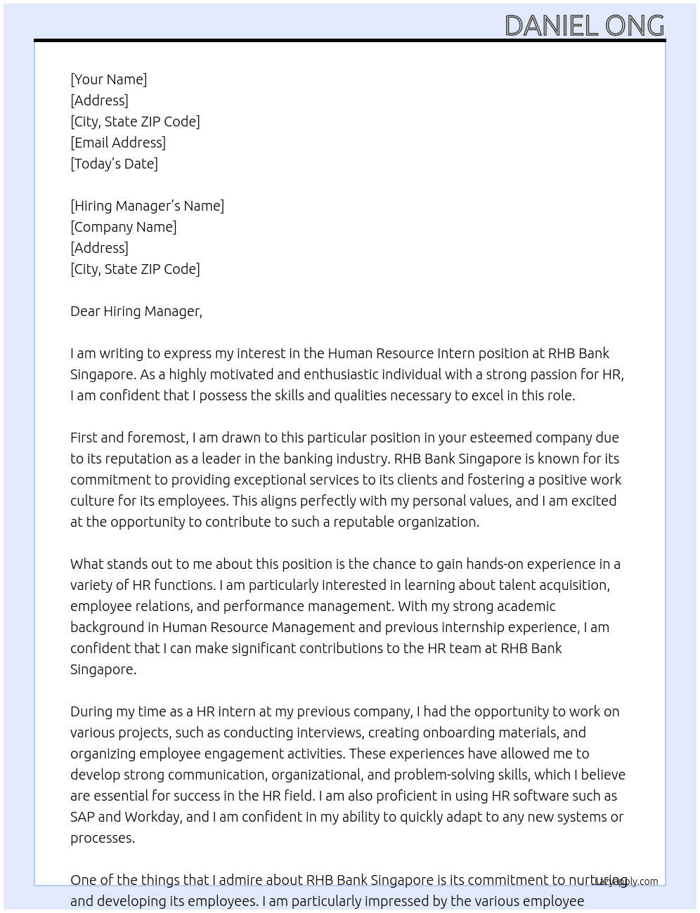 Human Resource Intern At RHB Bank Singapore Cover Letter