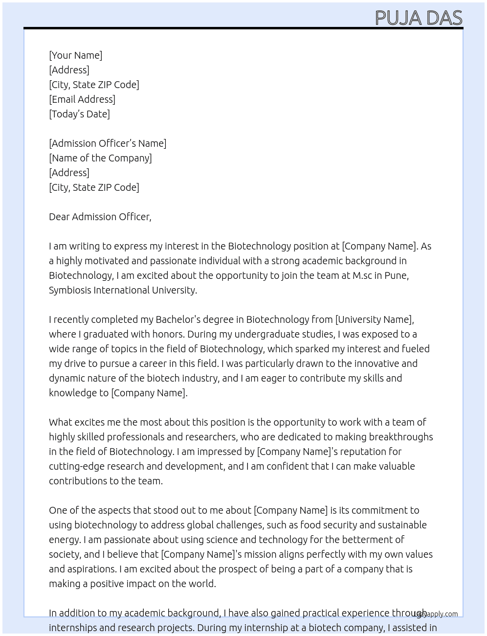 BIotechnology At M.sc in Pune, Symbiosis International University Cover Letter
