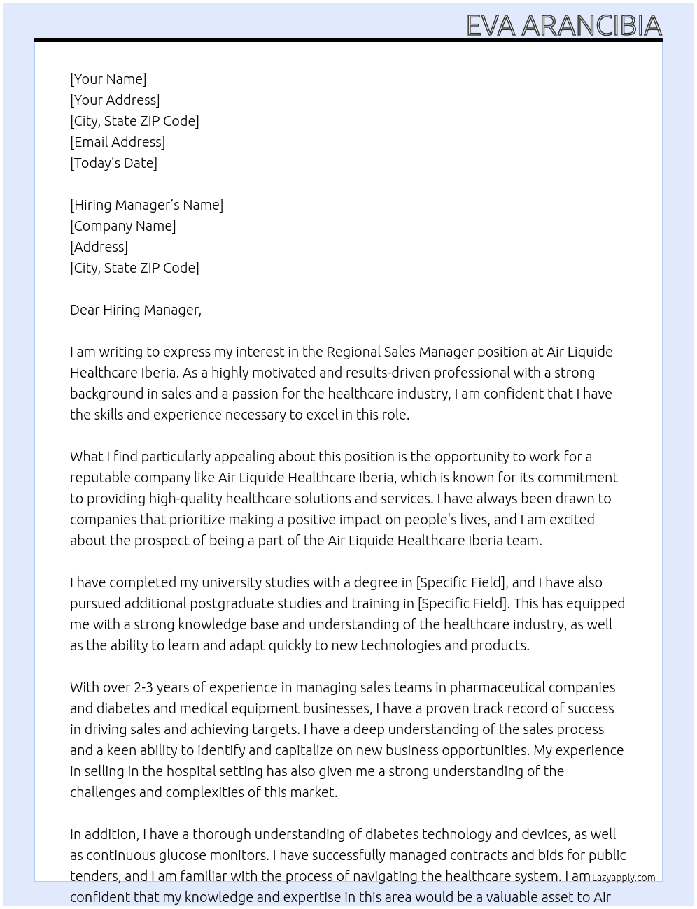 Regional Sales Manager At Air Liquide Healthcare Iberia Cover Letter