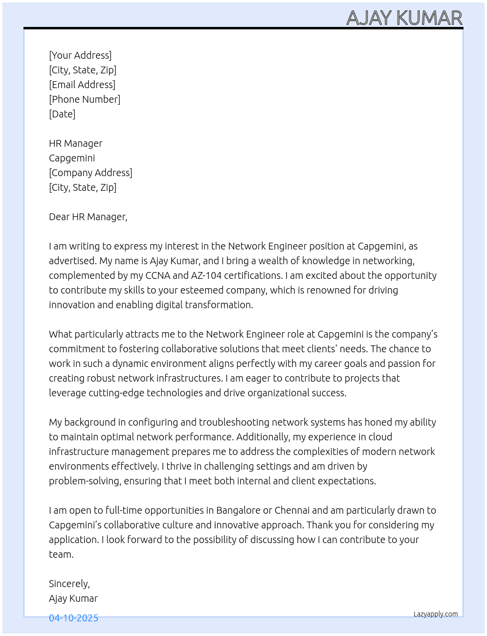 Network ENgineer At Capgemini  Cover Letter