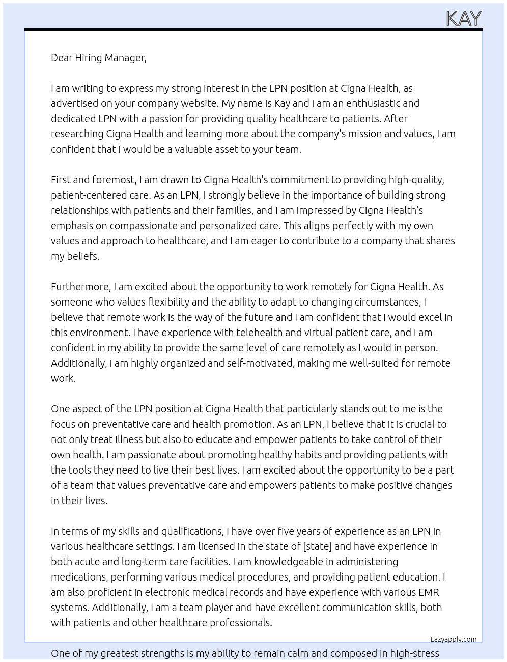 LPN  At Cigna Health Cover Letter