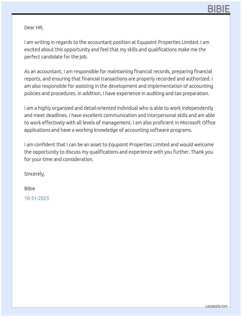 Accountant  At Equpoint Properties Limited Cover Letter