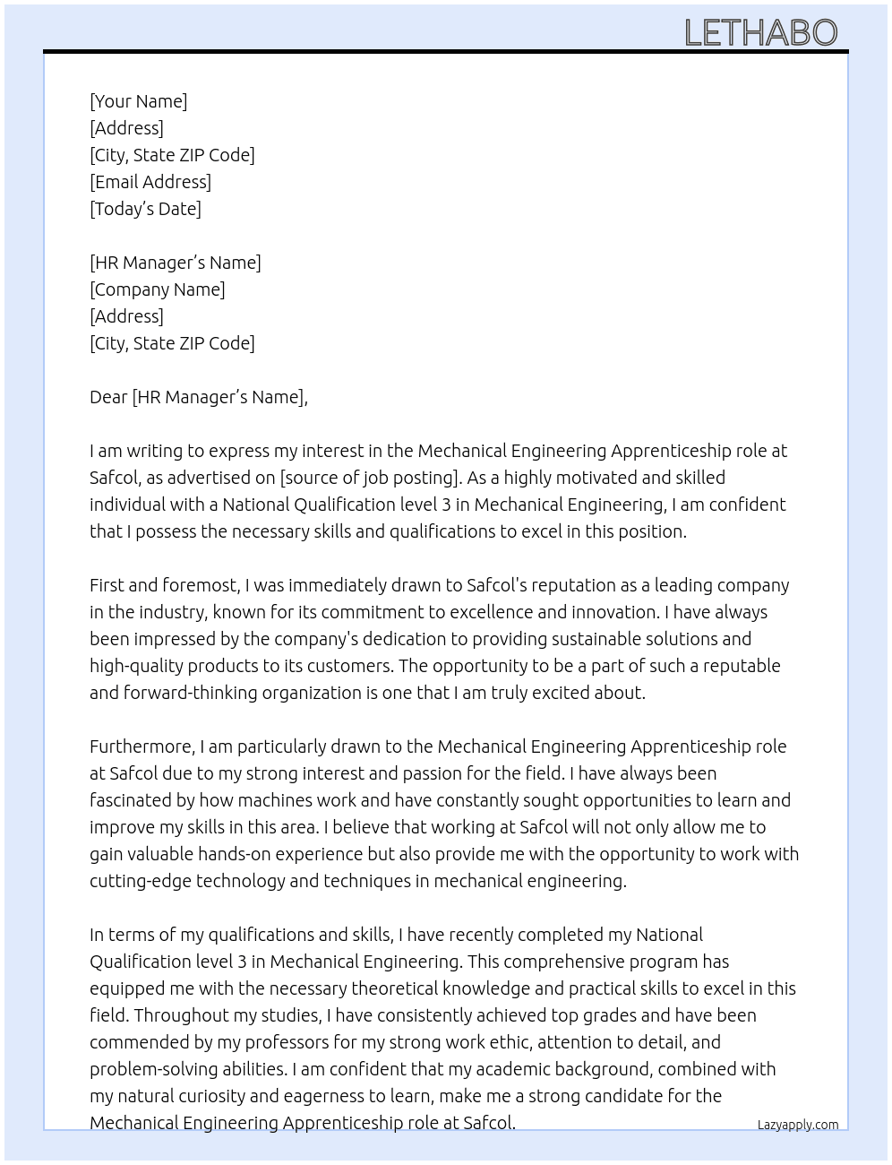Mechanical engineering  At Safcol  Cover Letter