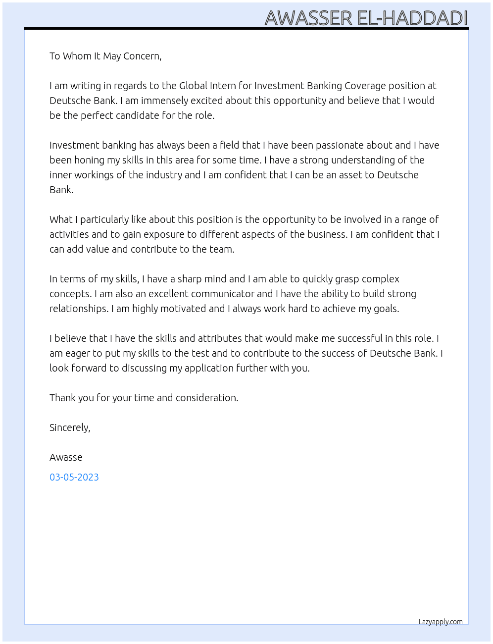 Global Intern for Investment Banking Coverage At Deutsche bBank Cover Letter