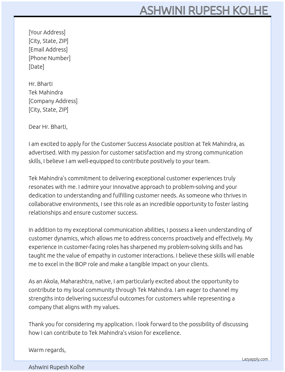 Customer success associate  At Tek Mahindra  Cover Letter