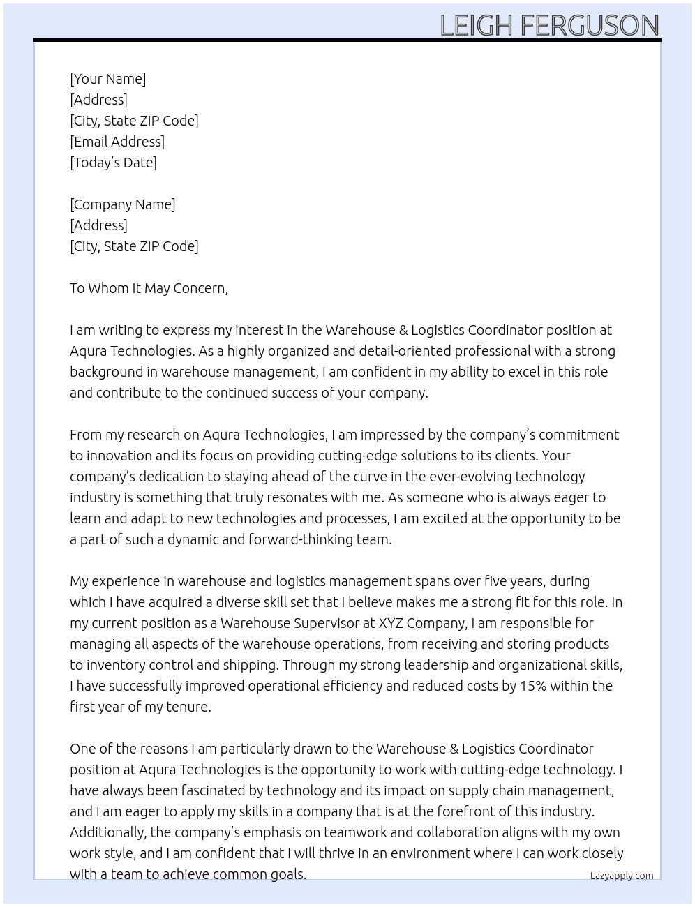 Warehouse & logistics coordinator At Aqura Techlologies Cover Letter