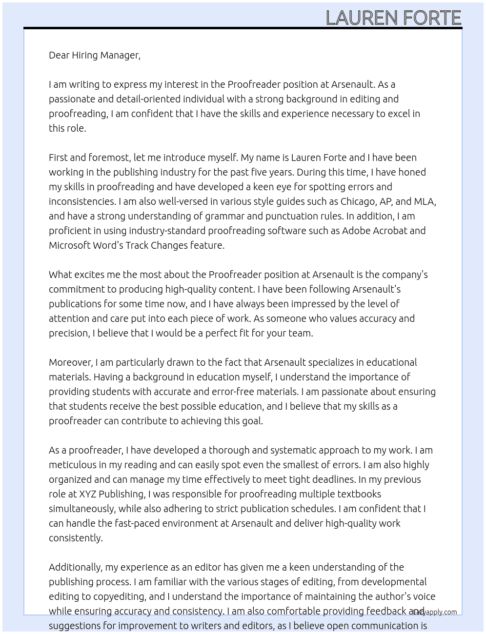 Proofreader At Arsenault  Cover Letter