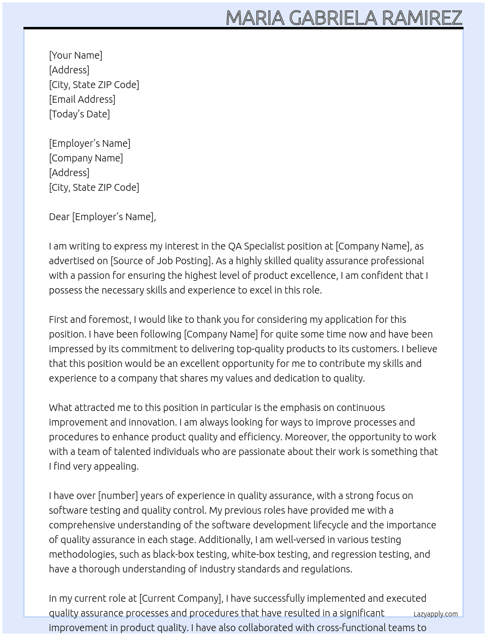 QA Specialist At nas Cover Letter