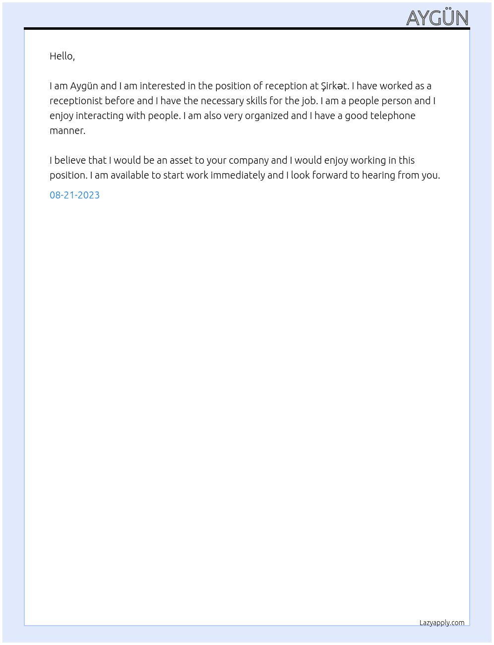 reception At Şirkət Cover Letter