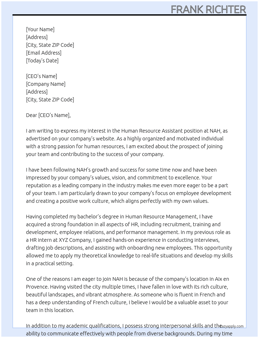 Human Resource Assistant At NAH Cover Letter