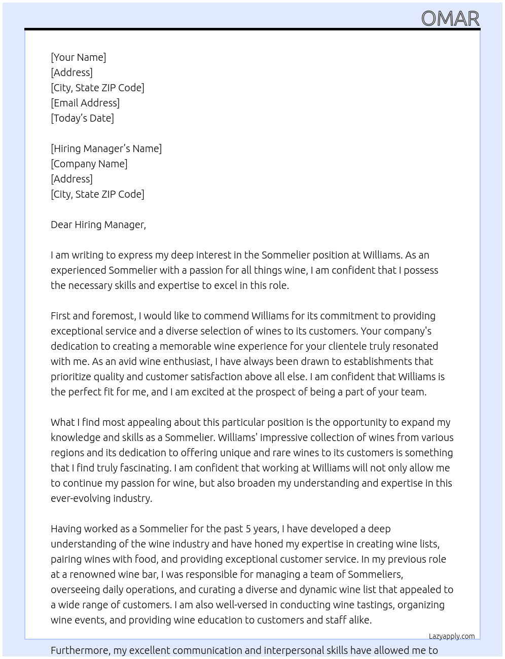 Sommelier  At Williams Cover Letter