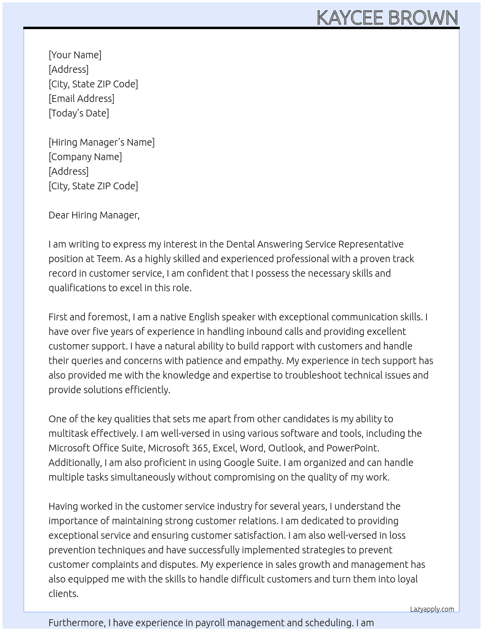 Dental Answering Service Representative At Teem Cover Letter