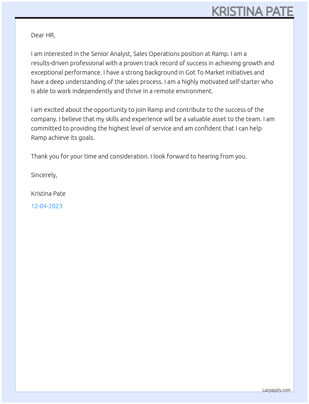 Senior Analyst, Sales Operations At ramp Cover Letter