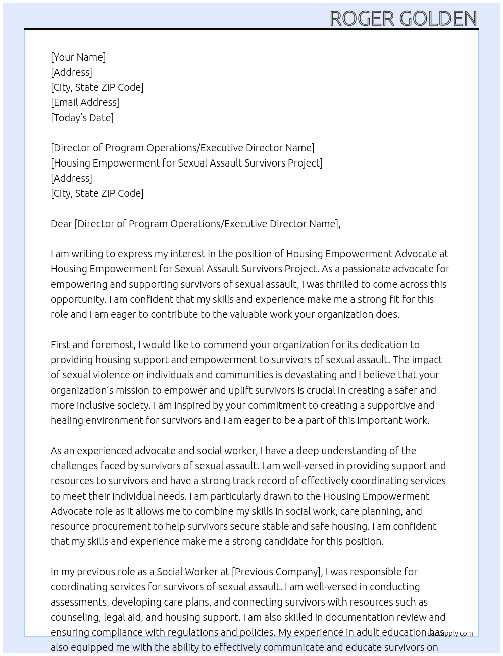 Housing Empowerment Advocate At Housing Empowerment for Sexual Assault Survivors Project Cover Letter