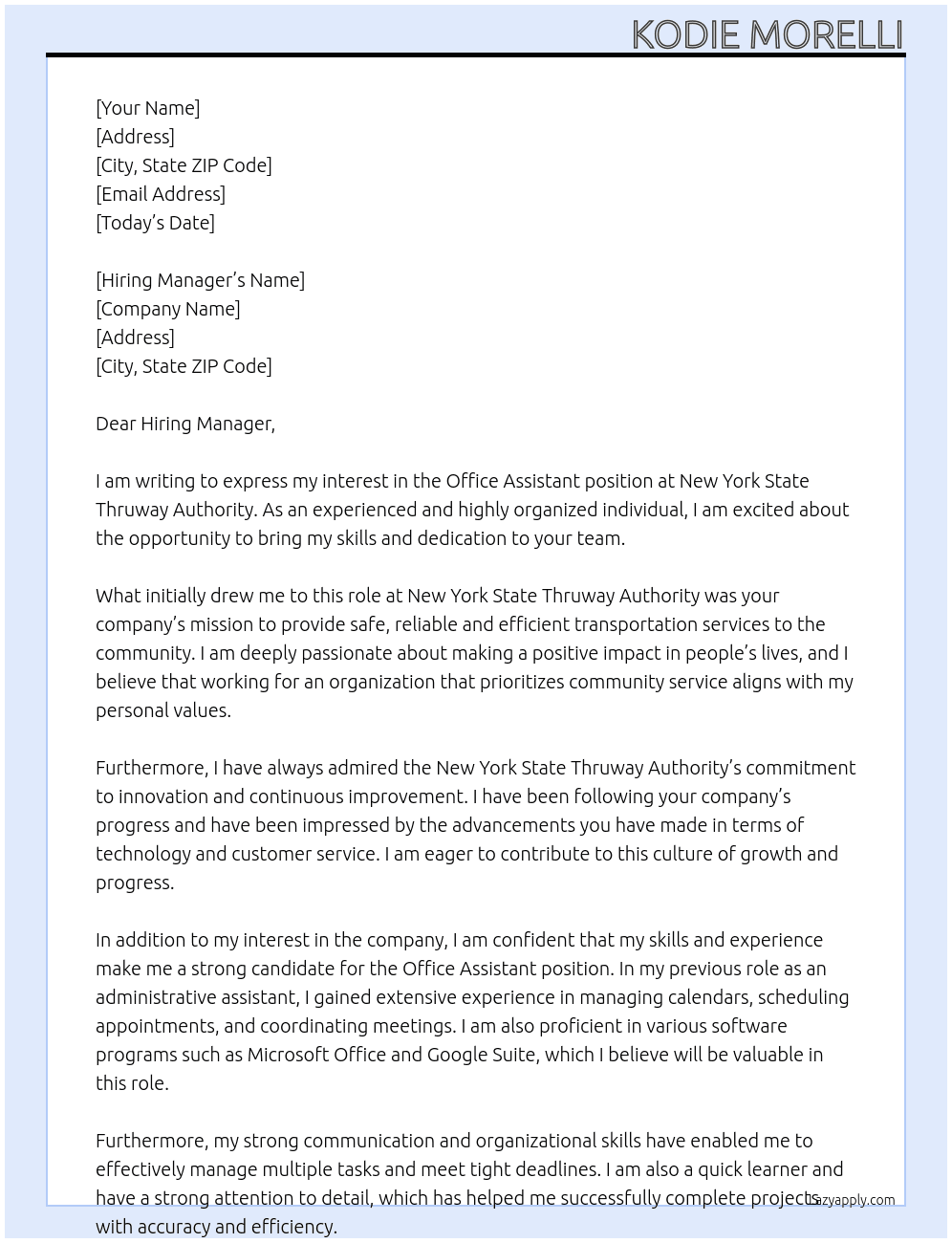 Office assistant  At New York State thruway authority  Cover Letter