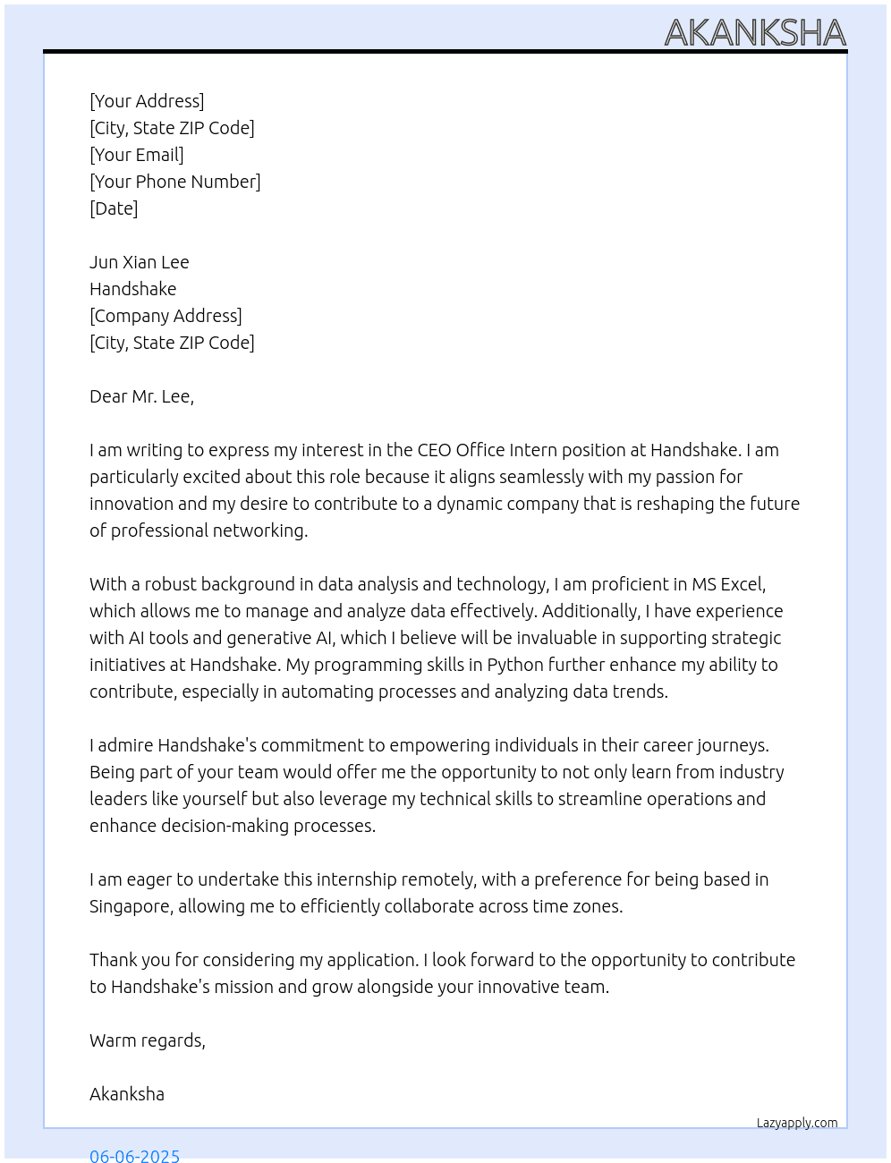 ceo office intern At handshake Cover Letter