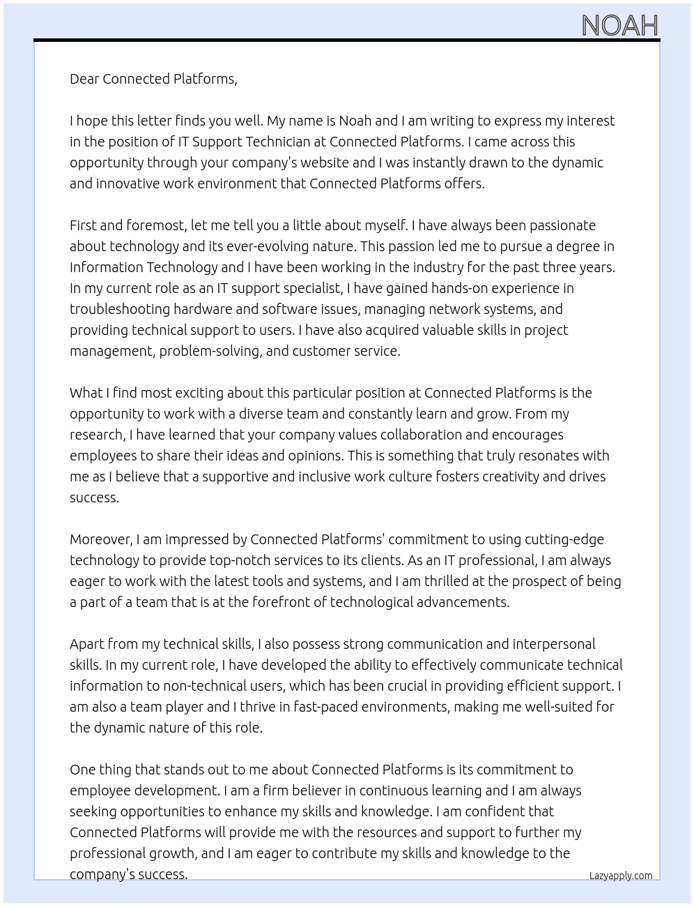 IT Support Technician  At Connected Platforms Cover Letter