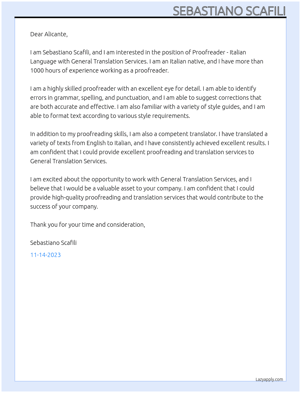 Proofreader - Italian Language At General Translation Services Cover Letter