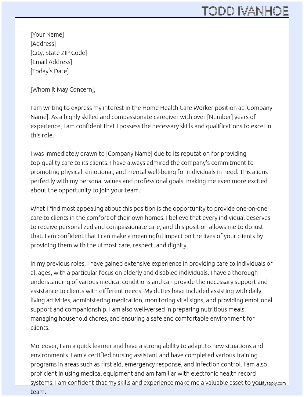 Home health care worker  At Health care  Cover Letter